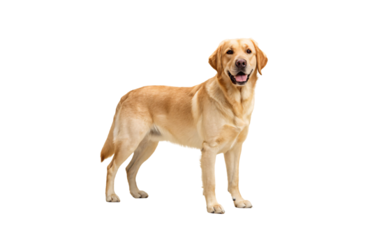 Golden Labrador retriever dog standing with tongue out and happy expression, isolated on a transparent background