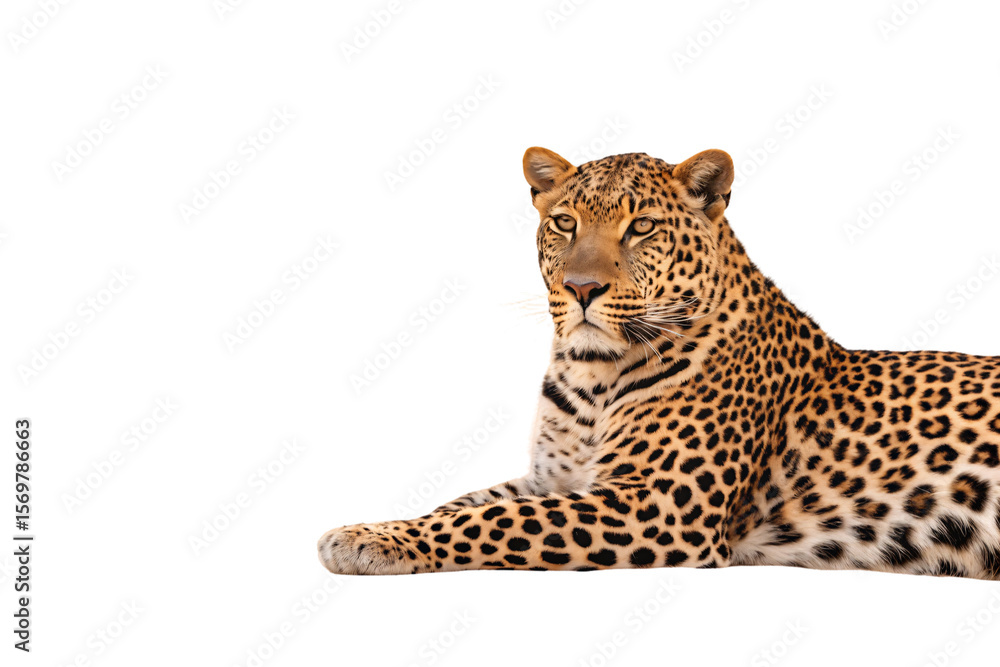 Poster spotted leopard lying down with golden coat and black rosette patterns, isolated on a transparent ba
