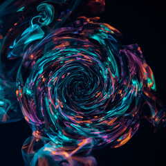 Iridescent smoke forms circular sacred patterns that spin and shimmer in emerald, blue, and orange over deep black. A mystical, spiritual abstract evoking wonder and inner journey.
