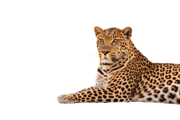Spotted leopard lying down with golden coat and black rosette patterns, isolated on a transparent background