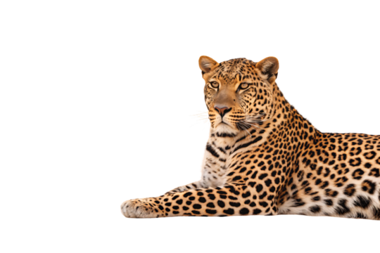 Spotted leopard lying down with golden coat and black rosette patterns, isolated on a transparent background - Powered by Adobe