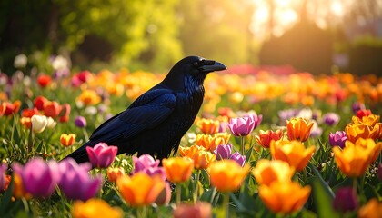 Black Raven Standing in Colorful Tulip Field with Golden Sunset Light