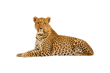 Mature leopard resting in lying position with full spotted coat visible, isolated on a transparent background