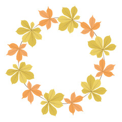 Chestnut leaves circle frame. Round border made of fall leaves in yellow and orange. Vector frame isolated on white background. Template for poster, postcard.