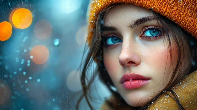 Close-up of a woman with a warm orange knit hat, vibrant blue eyes, and soft, flushed skin