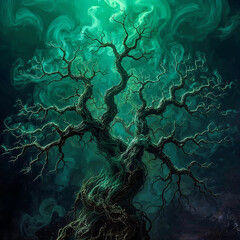 Emerald mist rises, forming fractal tree branches that twist and stretch over a shadowy forest. Wispy tendrils glow with magical energy in a dreamlike, surreal atmosphere.
