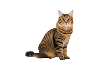 Brown tabby cat with green eyes sitting upright showing detailed striped coat pattern and attentive pose, isolated on a transparent background