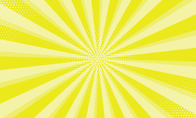 Radiant yellow background. Pop art comic book background. Sunburst yellow background with radial lines and halftone dots. 