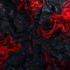 Crimson red and black smoke twist like a vortex over dark granite with glowing embers. High-contrast, fiery 3D abstract artwork with intense, surreal energy.
