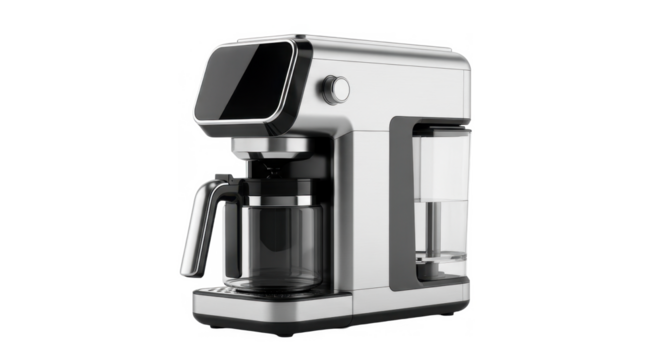 Modern silver and black coffee maker, featuring a sleek design and a water reservoir. - Powered by Adobe