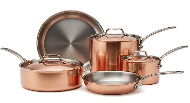 A luxurious set of professional-grade copper cookware, including saucepans, a frying pan, and a sauté pan with matching stainless steel lids, is elegantly arranged and isolated on a clean, pure white 