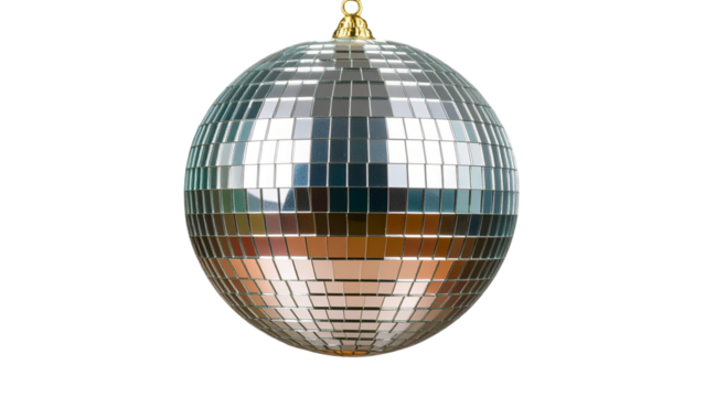 Glittering silver disco ball reflecting multicolored lights, suspended against transparent backdrop, symbolizing festive party atmosphere