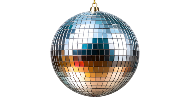 Glittering silver disco ball reflecting multicolored lights, suspended against transparent backdrop, symbolizing festive party atmosphere