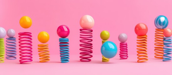 Colorful spheres balanced on vibrant springs against a pastel background