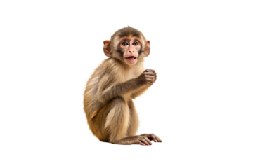 Young monkey with wide eyes and open mouth appearing surprised or curious, isolated on a transparent background