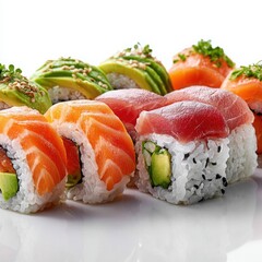Assorted Sushi Rolls with Salmon, Tuna, and Avocado on White Background