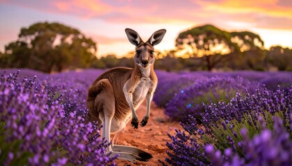 Brown Kangaroo Standing in Vibrant Purple Lavender Field at Golden Sunset