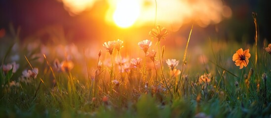 Sunset over wildflowers in a meadow