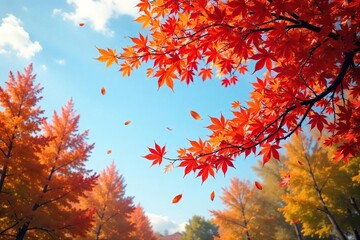 Autumn Leaves Dancing in the Wind A Captivating Scene of Golden and Crimson Foliage Against a Clear Blue Sky.  Perfect for fall-themed designs, nature photography, and seasonal marketing.