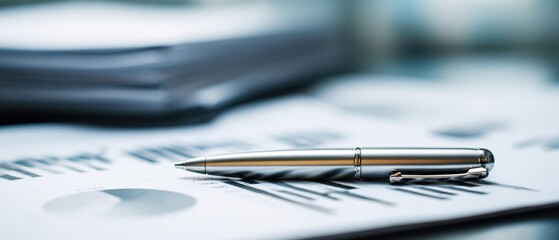 The pen resting on financial reports and paperwork in a modern office setting.