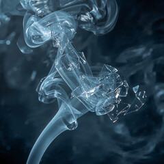 Icy blue and silver fog curls into lace-like tendrils, fracturing into crystalline shards over a dark, misty backdrop. A dreamy winter abstraction with ethereal, feathery textures.

