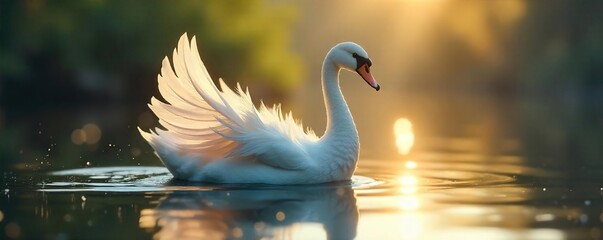 Whimsical Feather Boat on Calm Water A Serene Fantasy Scene of Sunlight and Reflections, Ideal for Illustrating Lightness, Dreams, and Ephemeral Beauty.