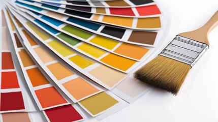 Color palette samples and paintbrush on white background
