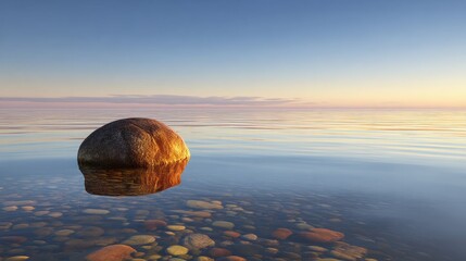 Peaceful sea with a single rock casting a shadow in still waters under soft sunlight