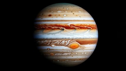 Jupiter, a giant gas planet, showcases vibrant orange and white bands swirling in 3D, 4K resolution. The Great Red Spot features prominently, demonstrating its massive storm.