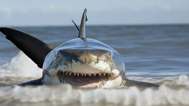 Great White Shark Surfing the Waves: Ocean Predator Close-Up