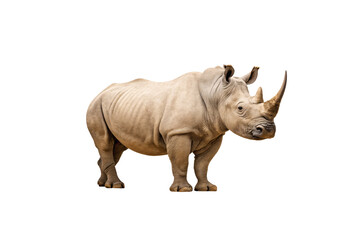 Fototapeta premium White rhinoceros standing in profile view showing distinctive horn and thick gray skin, isolated on a transparent background