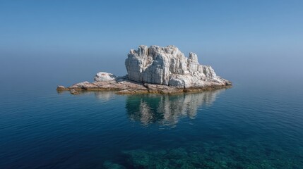 Rocky formation surrounded by soft waves in a quiet sea with clear visibility below the surface