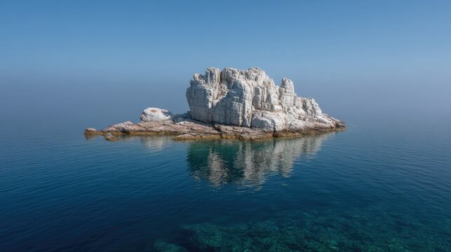 Rocky formation surrounded by soft waves in a quiet sea with clear visibility below the surface