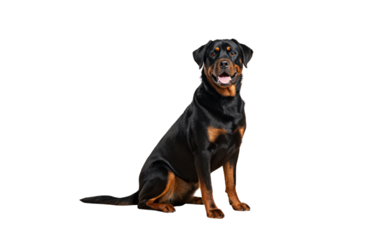 Rottweiler puppy sitting in frontal pose showing classic black and tan coloring, isolated on a transparent background