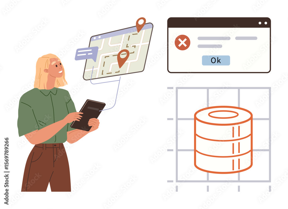 Poster woman holding tablet with gps mapping interface, error message popup, and database graphic. ideal fo