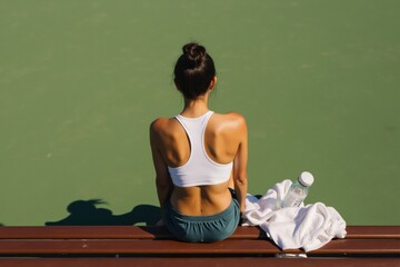 Female tennis player from back sitting on bench, stylish sporty summer look