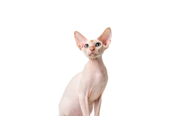 Young Sphynx kitten with large ears and curious blue-eyed facial expression, isolated on a transparent background