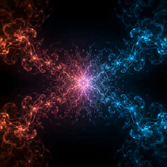 Amber and cobalt smoke swirl from opposite corners, merging into a fractal explosion of neon light and digital energy over a dark gradient. Psychedelic, high-tech, and mesmerizing.
