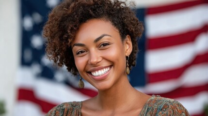 Smiling african female adult with curly hair in front of american flag