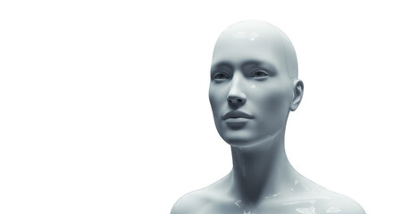 A rendered, light gray, female mannequin head and torso, against a white background.