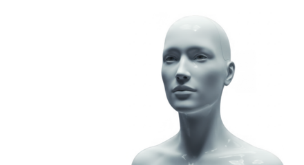 A rendered, light gray, female mannequin head and torso, against a white background.