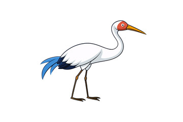 Obraz premium Stylized red-crowned crane cartoon with white body, blue wing accents and orange beak in profile, isolated on a transparent background