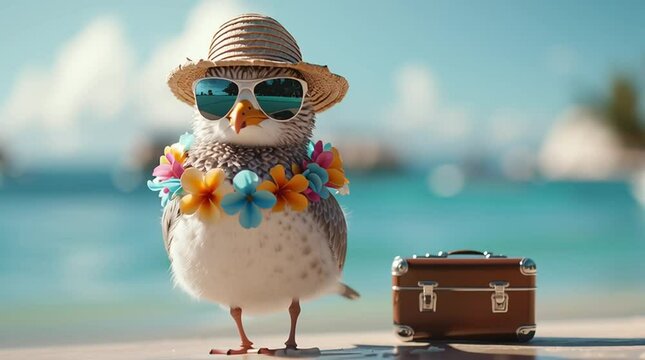 M&ouml;we mit Sonnenbrille und Strohhut neben einem Koffer - Im Hintergrund der Hafen