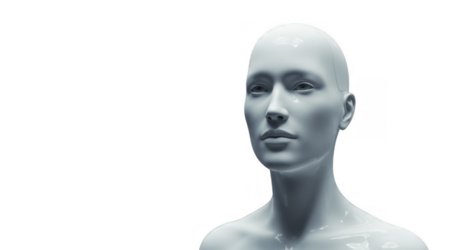 A rendered, light gray, female mannequin head and torso, against a white background.
