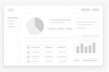 Clean grayscale wireframe of an analytics dashboard interface with pie chart, bar graph, sidebar navigation, and structured data layout for web design and UX prototyping