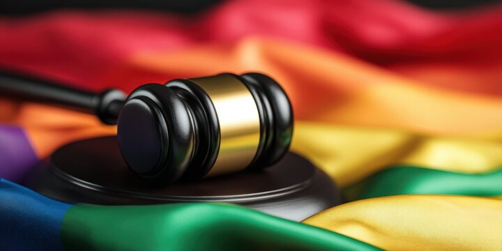 The gavel resting on a rainbow flag representing LGBTQ+ rights and justice. - Powered by Adobe