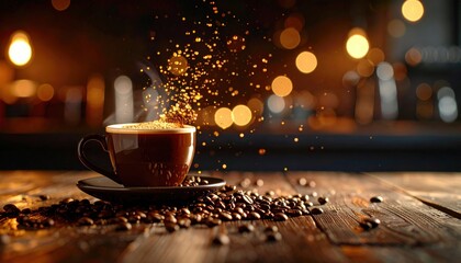 Obraz premium Warm Coffee Moment: Steaming black coffee in a cup on the saucer. Surrounding by spilled coffee beans. The warm glow of the lighting sets the perfect scene for a cozy moment.