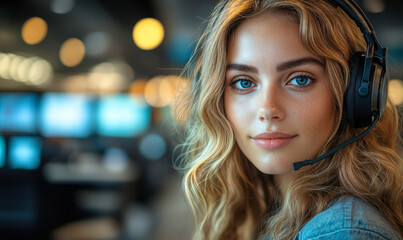 Portrait of focused young woman with headset working in call center, customer support agent in office environment with blurred background lights and monitors
