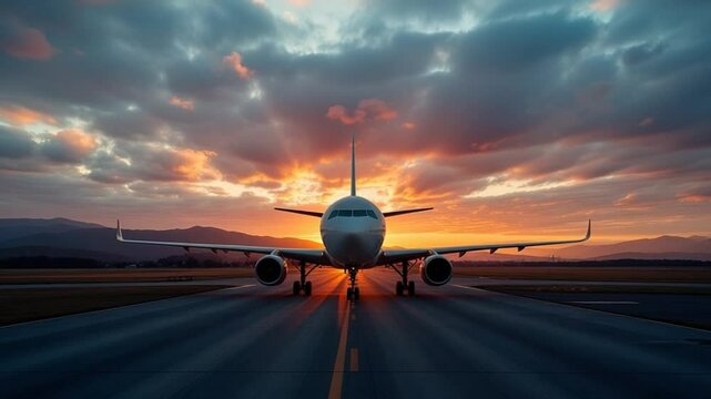 Airliner on runway at sunset, breathtaking aviation cinematic sunrise time-lapse
