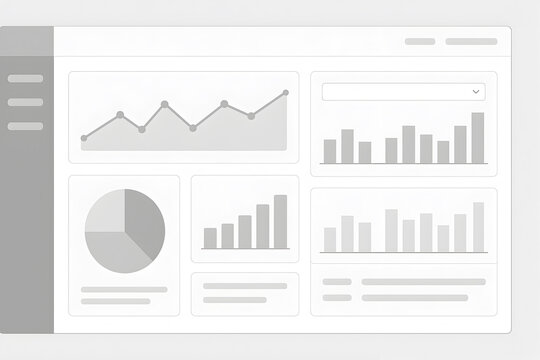 Minimal data dashboard wireframe UI mockup featuring line graph, bar charts, pie chart, dropdown selector, and card-style analytics layout for modern data visualization and web design - Powered by Adobe